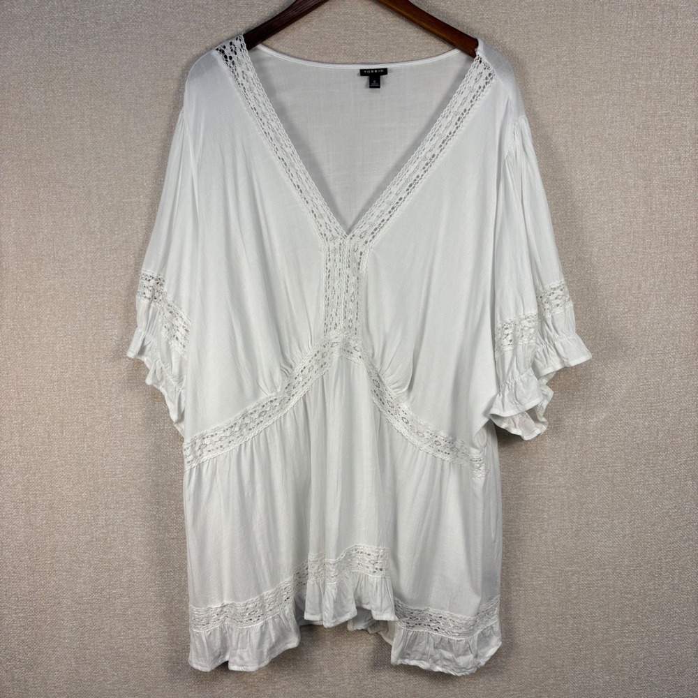 Torrid White Crochet Lace Trim Babydoll Blouse V-Neck Ruffle Sleeve Plus Size 6